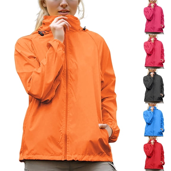 Sentmoon Waterproof Jacket with Hood Breathable Waterproof Rain Coat Long Sleeve Solid Color with Zipper Womens Windbreaker Jacket for Hiking, Trekking & Travel Red M