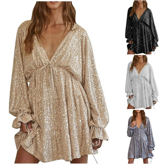 Sentmoon Wedding Guest Dress Formal Long Sleeve Crew Neck Dresses for Teens Sequin Solid Color Slim Stretchy Plus Size Fall Dresses Fashion for Weekend Brunch XXXL