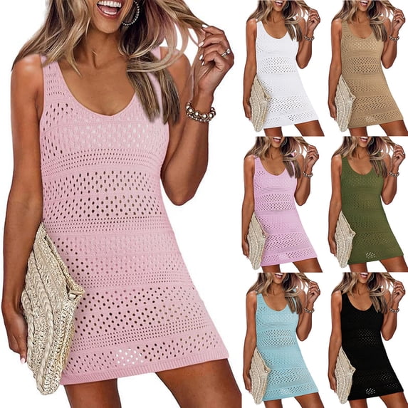 Sentmoon Wedding Guest Dress Trendy Sleeveless Crew Neck Modest Dress 2026 Summer Solid Color Eyelet Regular Fit Midi Dress for Work and Weekend Black M