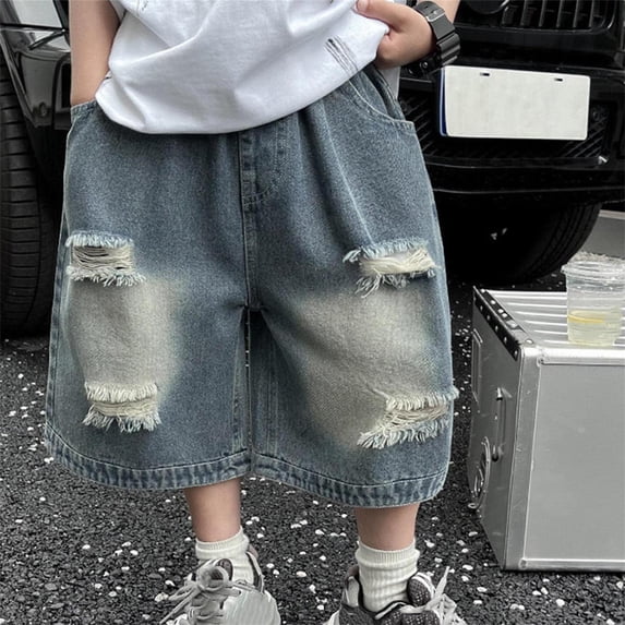 Sentmoon Wide Leg Jeans Girls Elastic Waist Ripped Denim Shorts Loose Summer Delightful Solid Color Bermuda Shorts Side Pockets for Kids Casual Hangouts Blue 13 Years