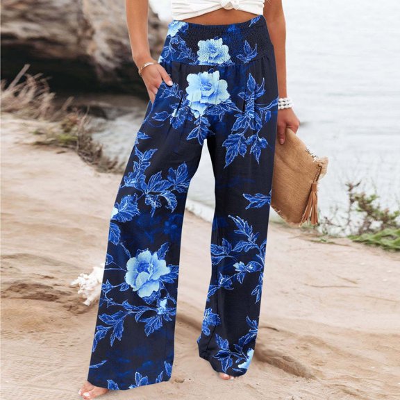 Sentmoon Wide Leg Pants Woman Elastic High Waist Boho Flower Print Summer Baggy Trouser Loose Fit with Pockets Lightweight Palazzo Pants Soft and Comfortable Ladies for Leisure Wear Multicolor XL