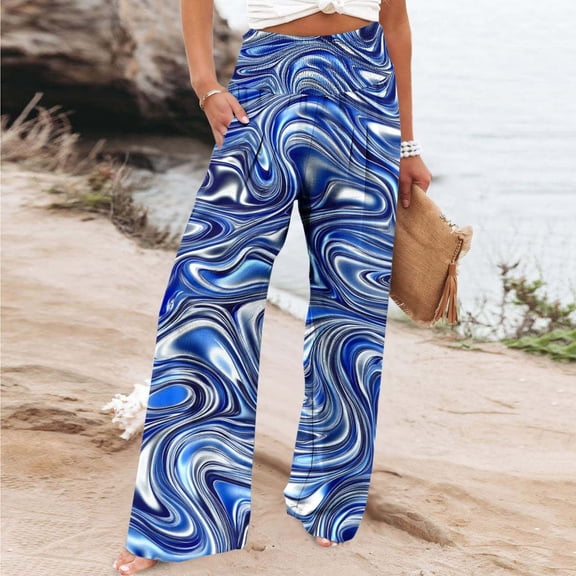 Sentmoon Wide Leg Pants Woman Elastic Waist Boho Abstract Print Summer Beach Pants Straight Fit Side Pockets Quick Dry Palazzo Pants Comfy Women's for Casual Hangouts Multicolor XL