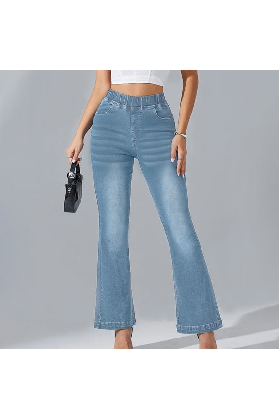 Wide Leg Womens Jeans Casual Low Rise Skinny Jeans Pants Pocket Style Solid Color Full Length Stretch Slim Denim Trousers for Everyday Casual Wear S-2XL