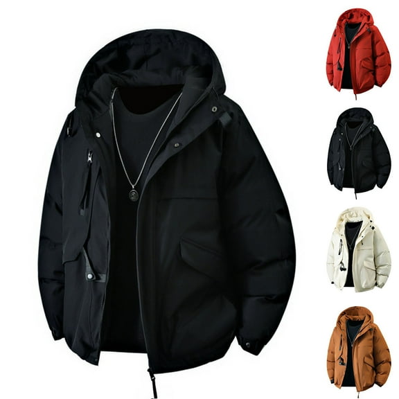 Sentmoon Winter Jacket Men Mens Coats Secret Santa Gift Ideas Men's Solid Color Hooded Zipper Multi Pocket Workwear Thickened Jacket Long Sleeve Parkas Fall and Winter
