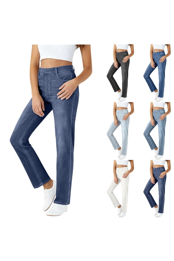 Woman Jeans Wide Leg Jeans for Women Women's Fashion Solid Color Elastic Waist Pockets Length Pants False Jeans Fall and Winter for Lightweight Warmth and Layering XXL