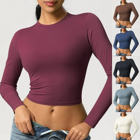 Sentmoon Womans Tops Yoga Crew Neck Long Sleeve Dressy Tops for Women Stretchy Slim Solid Color Womens Fall Clothing Soft and Comfortable for Fall Fashion M