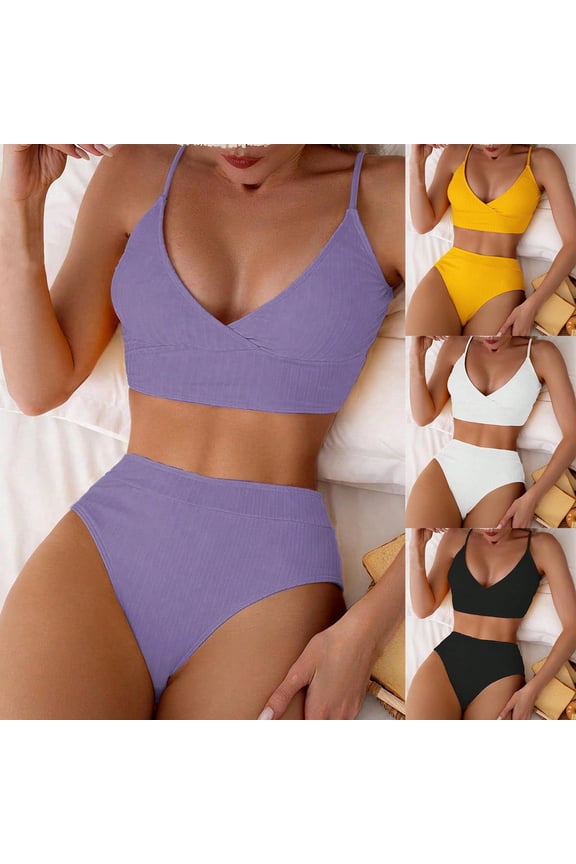 Women Bathing Suits 2 Piece Sleeveless Curvy Woman Swimsuit with Built in Bra Wireless Tummy Control Push Up Solid Color V Neck Women's Bikini Swimsuits Summer Beach Accessories