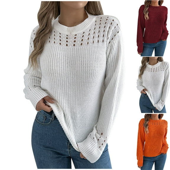 Sentmoon Women Blouse Round Neck Long Sleeve Solid Color Womens Pullover Sweaters Eyelet Warm Loose Date Outfits Delightful Fall and Winter for Lounge Sweater Orange L