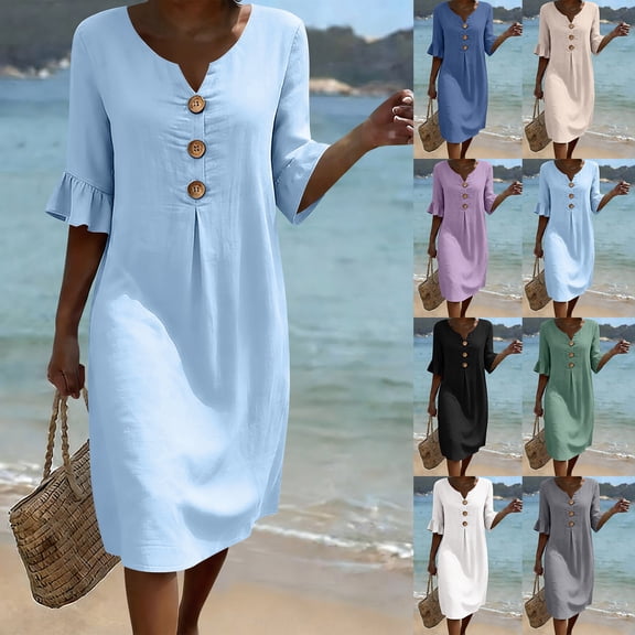 Sentmoon Women Dress Lounge Dress Summer 2026 Short Sleeve V Neck Button Down Ruffle Loose Fit Long Dress with Pockets for Beach Vacation S-XXL