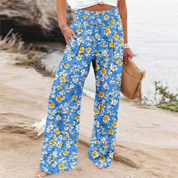 Sentmoon Women Linen Pants Elastic Waist Boho Flower Print Summer Casual Pants Loose Fit Wide Leg Pockets Lightweight Palazzo Pants Casual Women's for Casual Hangouts Multicolor XL