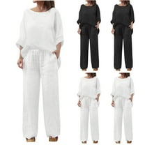 Sentmoon Women Lounge Set Long Sleeve Top and Business Pants Plus Size Crew Neck Fall Outfits for Women Loose Solid Color Dressy Blouses for Women for Indoor Music Festival