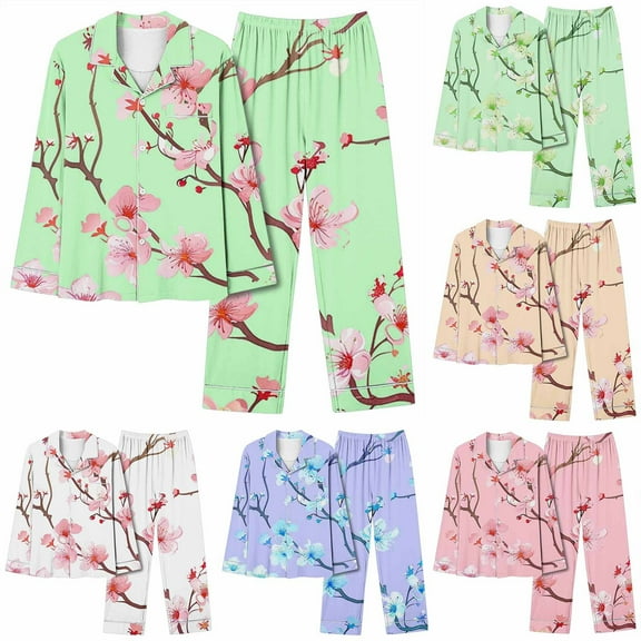 Sentmoon Women Pajama Set Womens Tops and Womens Pants Casual Oversized Turndown Collar Loungewear for Women Long Sleeve with Print Womens Sleepwear Winter for Loungewear Outfits