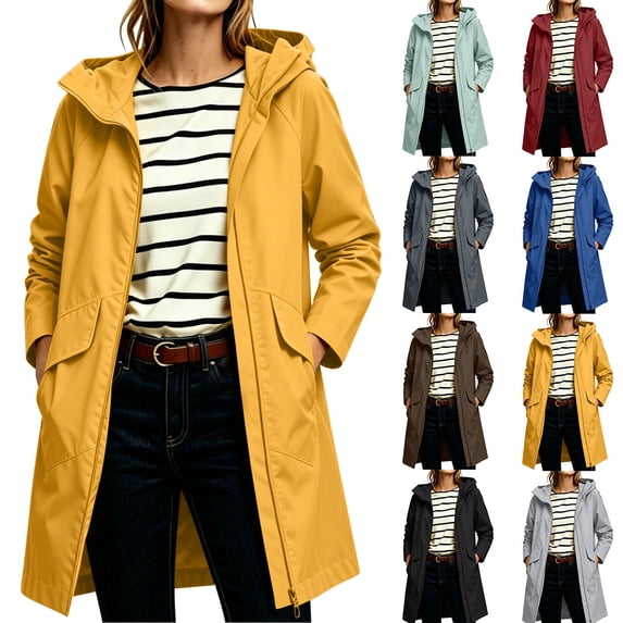 Sentmoon Women Rain Jacket Waterproof Windproof Lightweight Hooded Neck Hiking Jacket Long Sleeve Long Raincoat with Pockets for Cold Mornings Commuting Daily Use