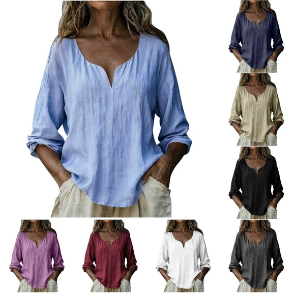 Sentmoon Womens Cloths T Shirt Women Imitation Linen Long Sleeve Shirt Solid Color V Neck Spring Summer Fashion Lightweight Blouse for Daily Activity Layering