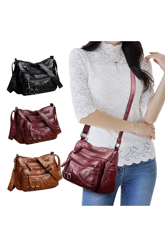 Women Shoulder Bag Soft Washed Leather Multi Zip Spacious Large Capacity Handbag Elegant Work Travel Shopping Tote Organizer Pockets Zippered Compartments Everyday Use
