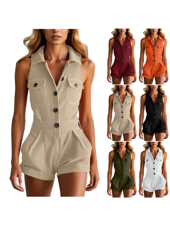 Women Summer Clothes Sleeveless V Neck Women's Romper Solid Color Button Down Regular Fit Beach Outfits for Women for Going Out and Party XS-2XL