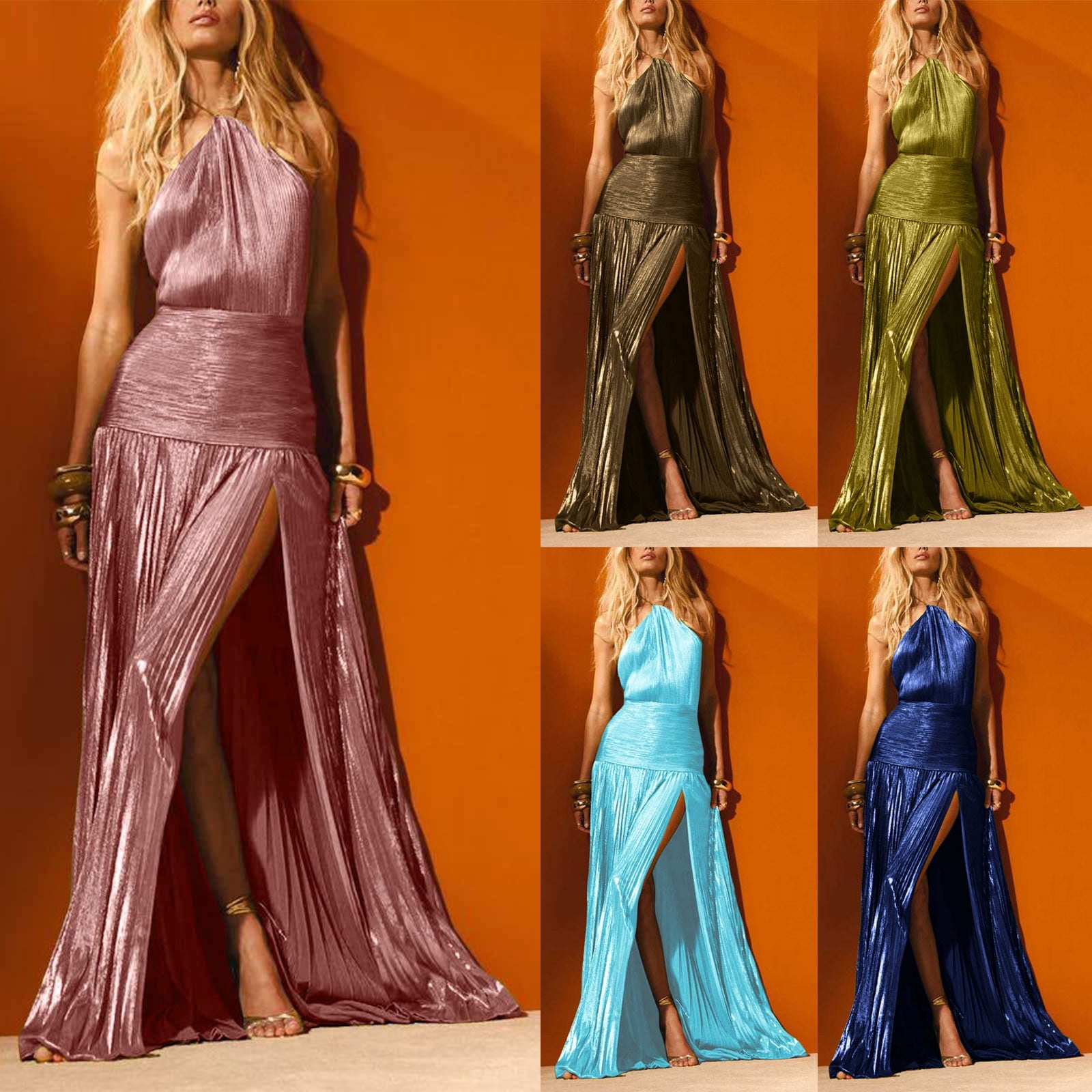Sentmoon Women Summer Dresses Trendy Graduation Dress for Women 2026 Solid Color Slit Regular Fit Spaghetti Strap Prom Dress for Business and Casual Blue XL