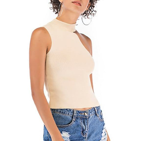 Sentmoon Women Tank Tops 2025 High Neck Slim Fit Womens Summer Tops Knitted Off Shoulder High Elastic Sleeveless Vacation Outfits Casual for Lounge at Home Beige Free Size