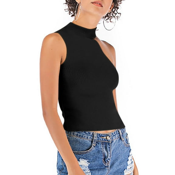 Sentmoon Women Tank Tops 2025 High Neck Slim Fit Womens Summer Tops Knitted Off Shoulder High Elastic Sleeveless Vacation Outfits Casual for Lounge at Home Black Free Size