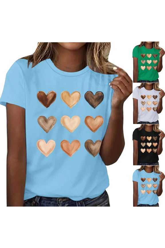 Women Tops T Shirt Women Ladies' Fashion Casual Lover Printed Crew Neck Short Sleeved Shirt Active for Lounge & Sleep S