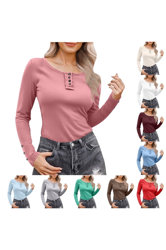 Women's Blouses Crew Neck Long Sleeve Button up Basic Tops for Woman Solid Long Breathable Plus Size Slim Fall Clothes Winter for Outdoor Hiking and Cold Weather Training Beige L