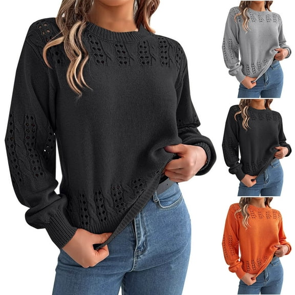 Sentmoon Women's Blouses Round Neck Long Sleeve Solid Color Womens Fashion Oversized Knitted Eyelet Warm Loose Women's Sweatshirts Fashion Fall and Winter for Oversized Comfy Pullover Gray XL
