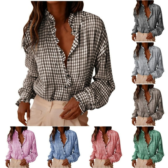 Sentmoon Women's Clothes Womens Tops Casual Women's Classic Checkered Striped Button-Down Shirt With Roll-Up Sleeves And Turn-Down Collar for Cold Weather and Everyday Wear Pink XL