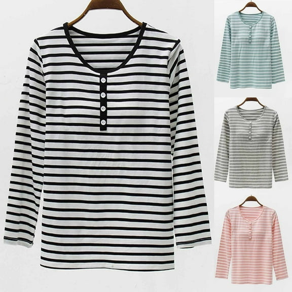 Sentmoon Women's Clothing with Built-In Bra Crew Neck Long Sleeve T-Shirts Stretchy Loose Striped Print Button up Womens Blouse Comfy for Winter Warm Gray M