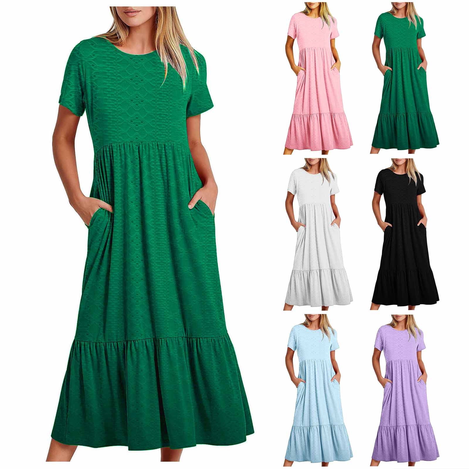 Sentmoon Women's Dresses Regular Fit Streetwear Summer 2026 Solid Color Plus Size Party Dress Short Sleeve Crew Neck Business Breathable Vacation Dresses for Women Army Green M