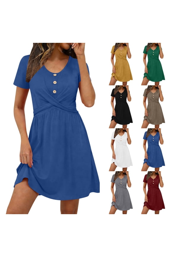 Women's Formal Dresses Fitted Dress 2026 Summer Solid Color Short Sleeve Crew Neck Button Down Breathable Regular Fit Conservative Dress for Business and Casual