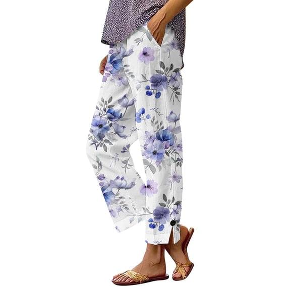 Sentmoon Women's Linen Pants Solid Color Elastic Waist Stretchy Pants for Women Oversized Relaxed Fit Button Stylish Summer Wide Leg Trousers Women Hawaiian for Work and Office