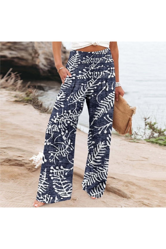Women's Pants Elastic Waist Boho Leaf Print Summer Baggy Pants Straight Fit Wide Leg with Pockets Quick Dry Palazzo Pants Delightful Womens for Casual Hangouts Multicolor XL