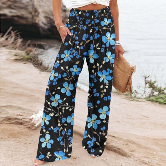 Sentmoon Women's Pants High Waist Boho Floral Print Summer Baggy Pants Loose Fit Wide Leg Side Pockets Quick Dry Palazzo Pants Trendy Lady for Casual Hangouts Multicolor L