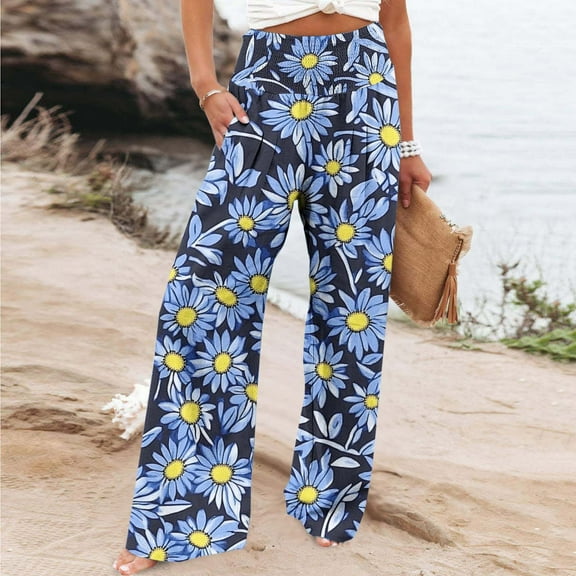 Sentmoon Women's Pants High Waist Boho Floral Print Summer Beach Pants Straight Fit Wide Leg Side Pockets Quick Dry Palazzo Pants Trendy Teen Girls for Casual Hangouts Multicolor L