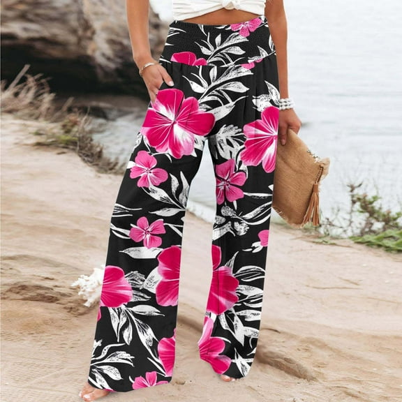 Sentmoon Women's Pants High Waist Boho Flower Print Summer Baggy Pants Loose Fit Wide Leg with Pockets Quick Dry Palazzo Pants Stylish Women for Weekend Outings Multicolor XL