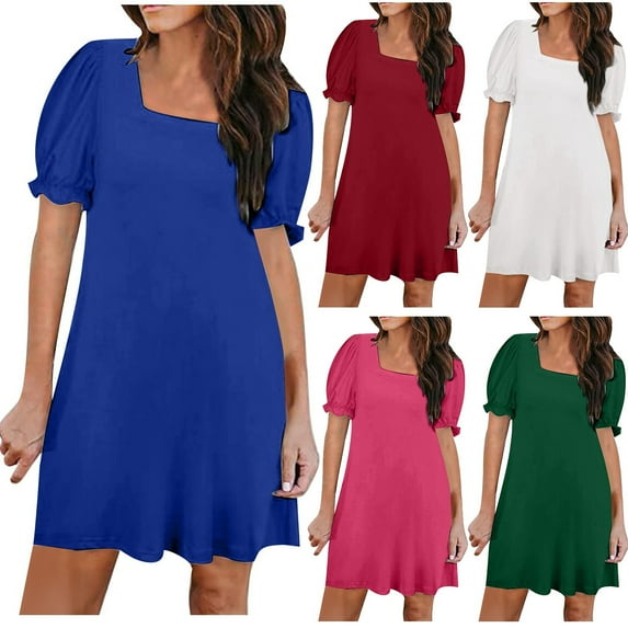 Sentmoon Women's Summer Dresses Regular Fit Fashion 2026 Solid Color Boho Dresses for Women Short Sleeve Square Neck Cute Breathable Cocktail Dress for Women Red XXL