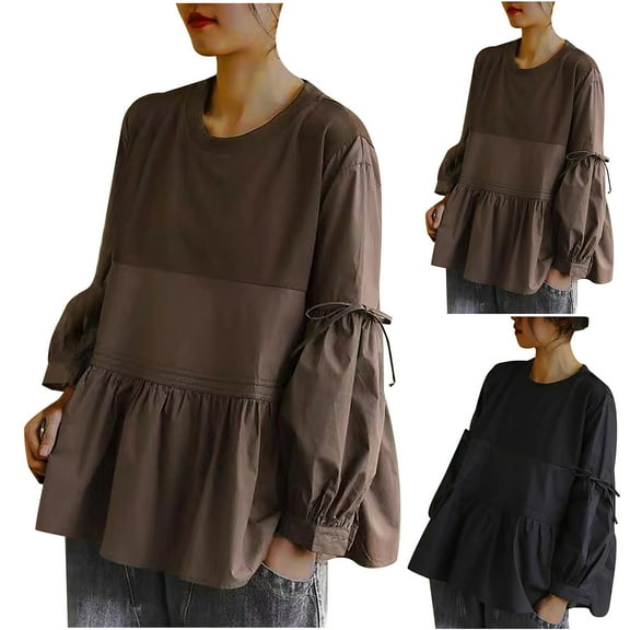 Sentmoon Women's T-Shirts Crew Neck Long Sleeve Outfits for Women Plus Size Stretchy Loose with Print Blouses Trendy for Business Casual Coffee XL