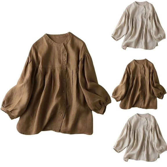 Sentmoon Women's T-Shirts Linen Crew Neck Long Sleeve Cute Womens Tops Plus Size Breathable Loose Solid Color Women's Blouse Delightful for Business Travel Khaki L