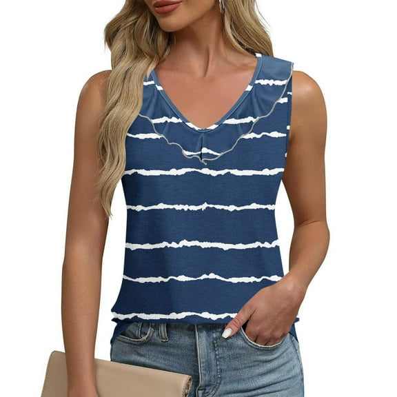 Sentmoon Women's Tank Tops 2025 Crew Neck Loose Fit Summer Tops for Women Boho Striped Print Wide Strap Ruffled Sleeveless Shirt Comfy for Tropical Vacation Navy S