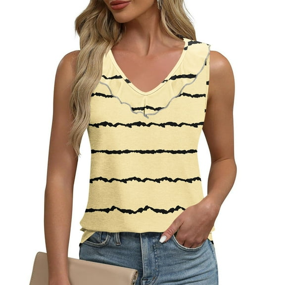 Sentmoon Women's Tank Tops 2025 Crew Neck Loose Fit Summer Tops for Women Boho Striped Print Wide Strap Ruffled Sleeveless Shirt Comfy for Tropical Vacation Khaki S