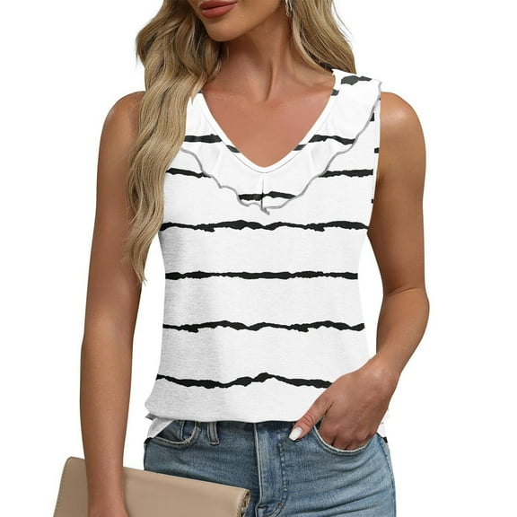 Sentmoon Women's Tank Tops 2025 Crew Neck Loose Fit Summer Tops for Women Boho Striped Print Wide Strap Ruffled Sleeveless Shirt Comfy for Tropical Vacation White XL