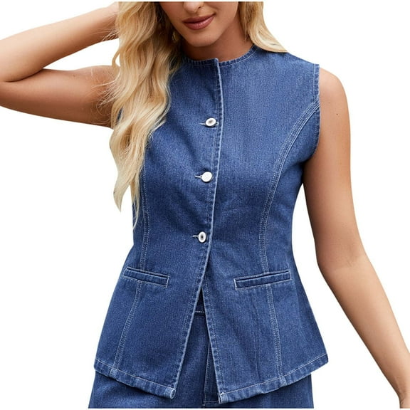 Sentmoon Women's Tank Tops Crewneck Denim Plus Size Tops for Women Relaxeds Fit Sleeveless Graphic Tees 2025 Summer Trendy Teen Girls for Weekend Brunch Blue S