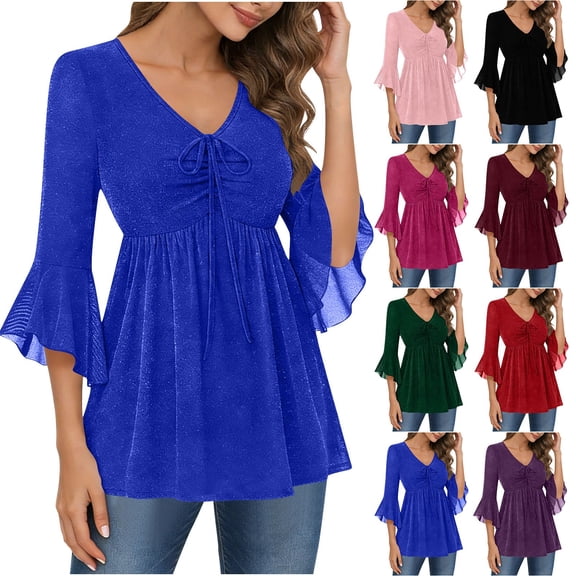 Sentmoon Women's Tops Blouses Womens Ruffled Glittering Gold Hot Stamping 3 4 Sleeves 3/4 Length Sleeves Elegant Dress Collar Double Layer Mesh Top Active for Summer & Hot Weather XXL