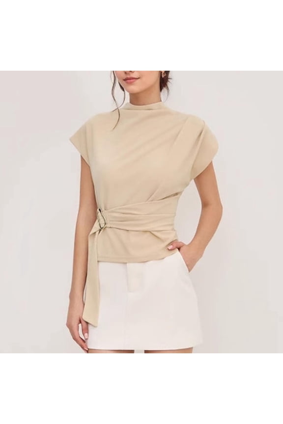 Women’s Tops Womens T Shirts Women's High Neck Button Front Blouse with Cinched Waist and Cap Sleeves Stylish for Lounge & Sleep Beige L