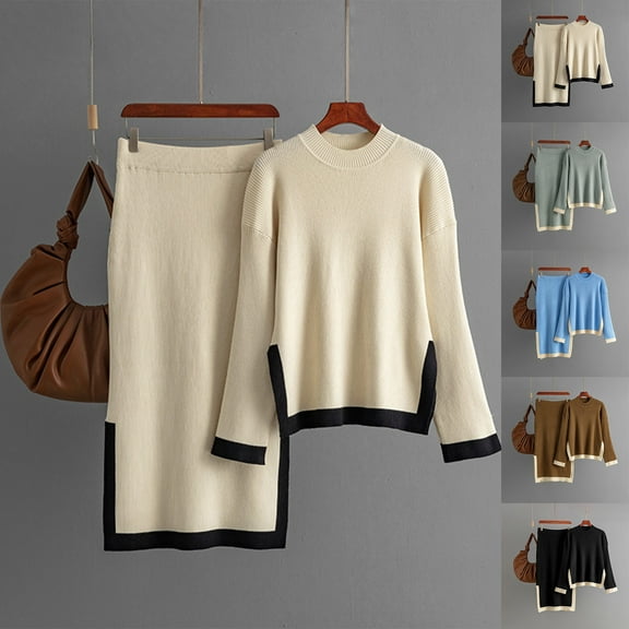 Sentmoon Womens 2 Piece Outfits Fall Vacation Outfits for Women and Skirts for Women Trendy Oversized Long Sleeve Crew Neck Womens Blouses Casual Knitted Soft Loose Sweater Women Winter