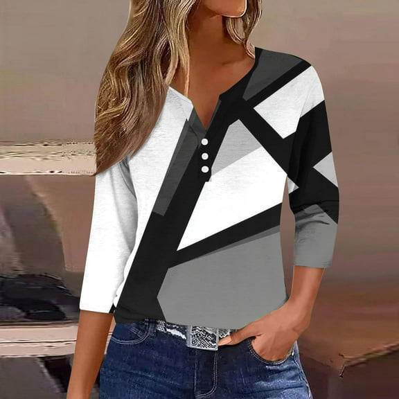 Sentmoon Womens 3/4 Sleeve Tops and Blouses Button V Neck Breathable Blouses with Print Loose Date Outfits 2025 Summer Trendy for Weekend Brunch Gray XXL