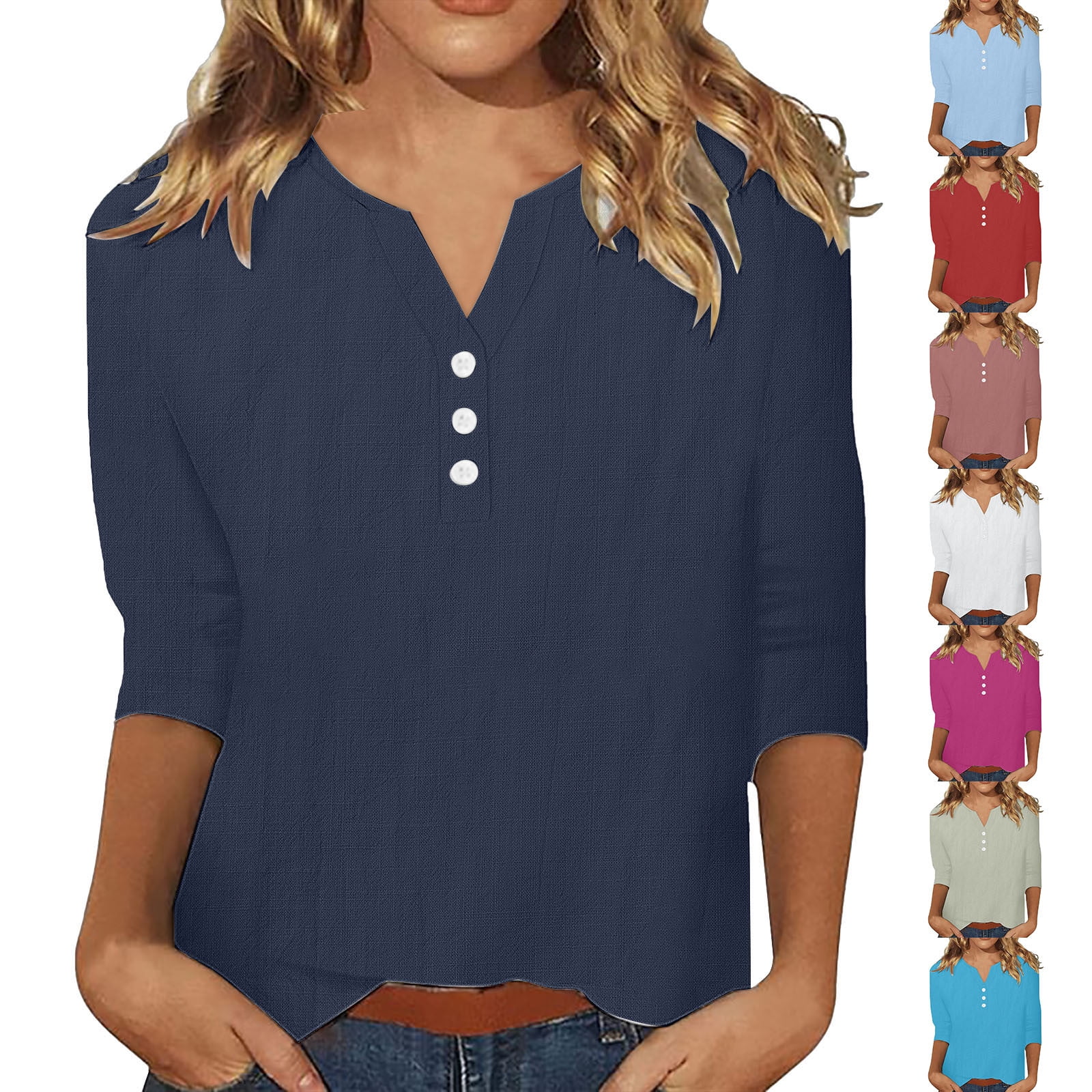 Sentmoon Womens 3/4 Sleeve Tops and Blouses Summer V Neck Relaxed Linen Business  Casual Outfits for Women with Button Tunic Tops to Wear with Leggings for  Lounge at Home Sky M -