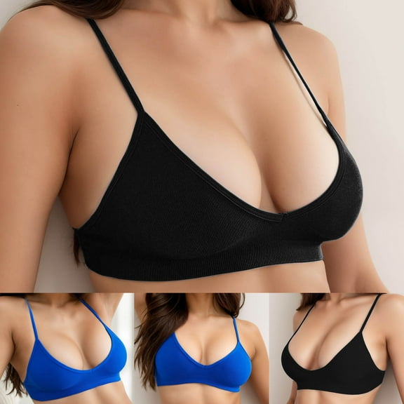 Sentmoon Womens Bras V Neck Comfortable Bras for Women No Underwires Spaghetti Strap Solid Color Seamless Bras Soft and Comfortable for Daily Wear Blue L