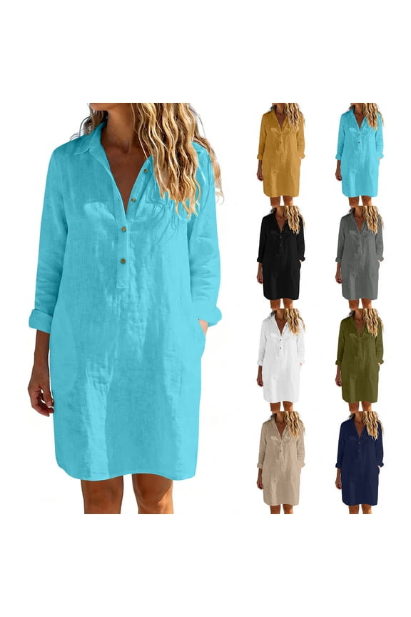 Womens Button down Dress Long Flowy Dresses for Women 2026 Summer Solid Color Lapel Breathable Regular Fit Spring Dresses with Pockets Basic for Beach and Vacation S-3XL