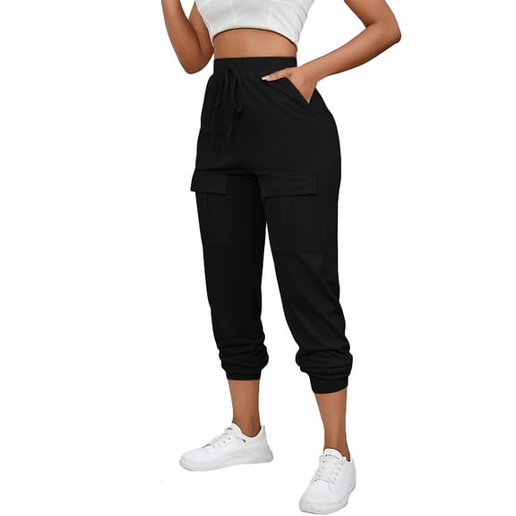 Sentmoon Womens Cargo Pants High Waist Slim Fit Hiking Pants with Pockets Solid Color Jogger Sweatpants Trendy Ladies for Relaxing at Home or Casual Hangouts Black XL